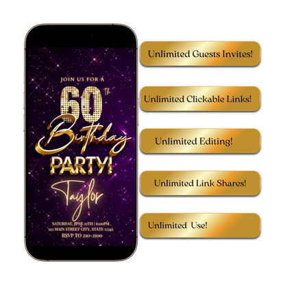 Editable purple gold sparkle 60th birthday birthday video invitation displayed on a mobile phone, featuring an animated vertical digital invite with music, created in Canva. This premium video invitation template is designed for sharing by text, email, and social media and works with an interactive RSVP website for easy guest response tracking.
