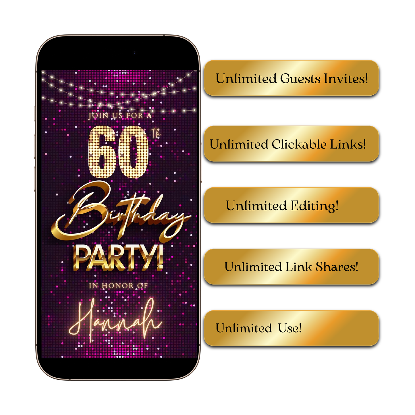 Editable violet gold sequin 60th birthday birthday video invitation displayed on a mobile phone, featuring an animated vertical digital invite with music, created in Canva. This premium video invitation template is designed for sharing by text, email, and social media and works with an interactive RSVP website for easy guest response tracking.