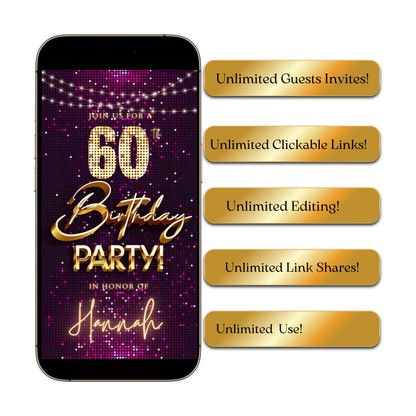 Editable violet gold sequin 60th birthday birthday video invitation displayed on a mobile phone, featuring an animated vertical digital invite with music, created in Canva. This premium video invitation template is designed for sharing by text, email, and social media and works with an interactive RSVP website for easy guest response tracking.