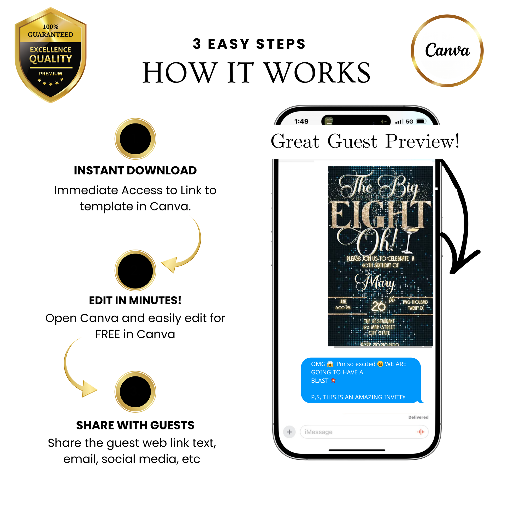 Editable emerald green gold 80th birthday video invitation displayed on a mobile phone, featuring an animated vertical digital invite with music, created in Canva. This premium video invitation template is designed for sharing by text, email, and social media and works with an interactive RSVP website for easy guest response tracking.