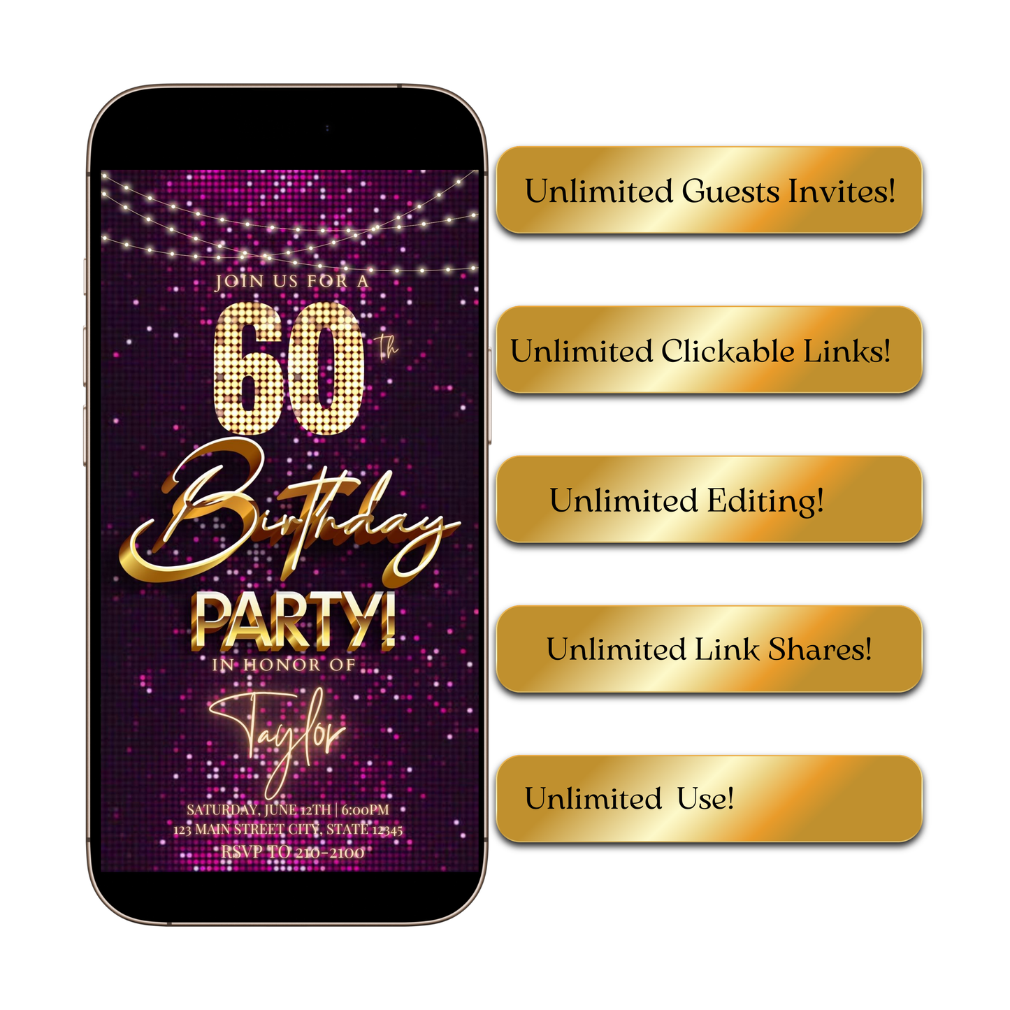 Editable violet gold sequin 60th birthday birthday video invitation displayed on a mobile phone, featuring an animated vertical digital invite with music, created in Canva. This premium video invitation template is designed for sharing by text, email, and social media and works with an interactive RSVP website for easy guest response tracking.