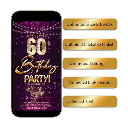 Editable violet gold sequin 60th birthday birthday video invitation displayed on a mobile phone, featuring an animated vertical digital invite with music, created in Canva. This premium video invitation template is designed for sharing by text, email, and social media and works with an interactive RSVP website for easy guest response tracking.