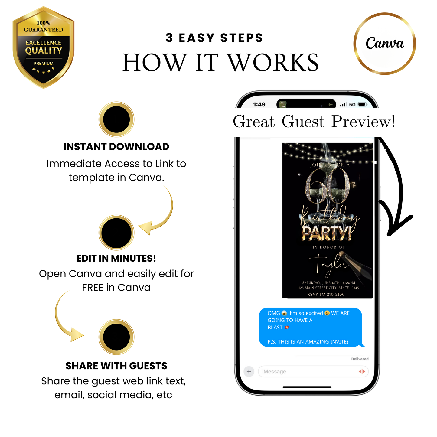 Editable black gold champagne 60th birthday video invitation displayed on a mobile phone, featuring an animated vertical digital invite with music, created in Canva. This premium video invitation template is designed for sharing by text, email, and social media and works with an interactive RSVP website for easy guest response tracking.