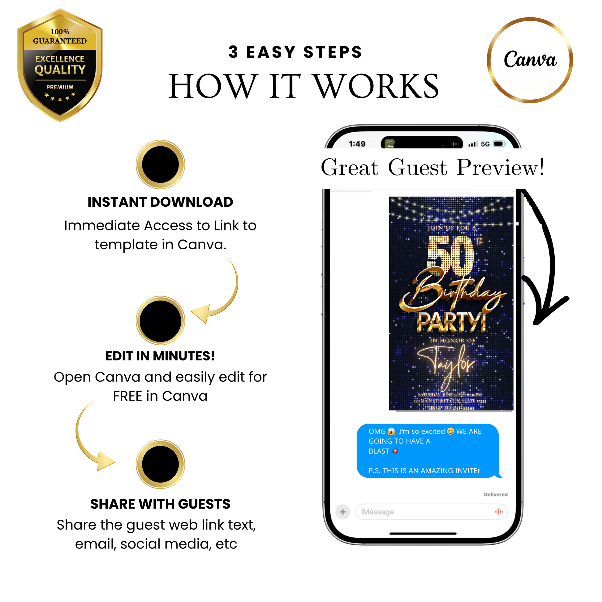 Editable blue gold sequin 50th birthday video invitation displayed on a mobile phone, featuring an animated vertical digital invite with music, created in Canva. This premium video invitation template is designed for sharing by text, email, and social media and works with an interactive RSVP website for easy guest response tracking.