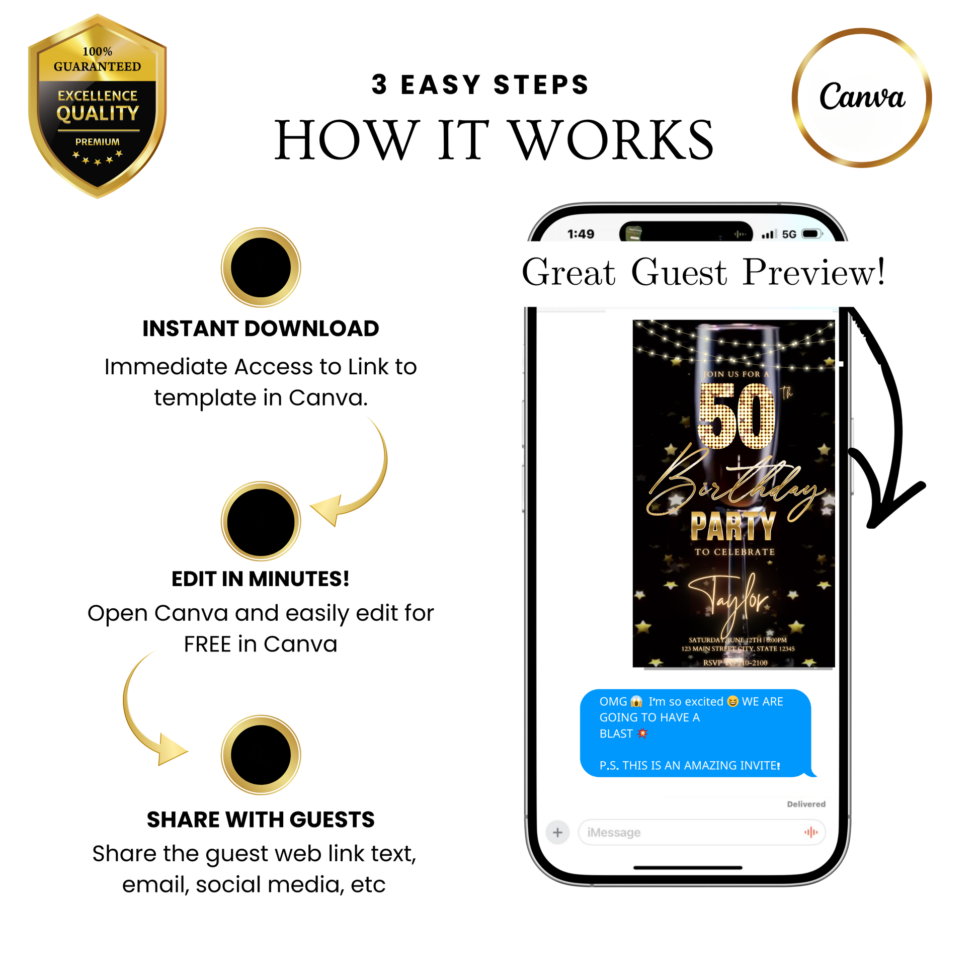 Editable black gold luxury 50th birthday video invitation displayed on a mobile phone, featuring an animated vertical digital invite with music, created in Canva. This premium video invitation template is designed for sharing by text, email, and social media and works with an interactive RSVP website for easy guest response tracking.