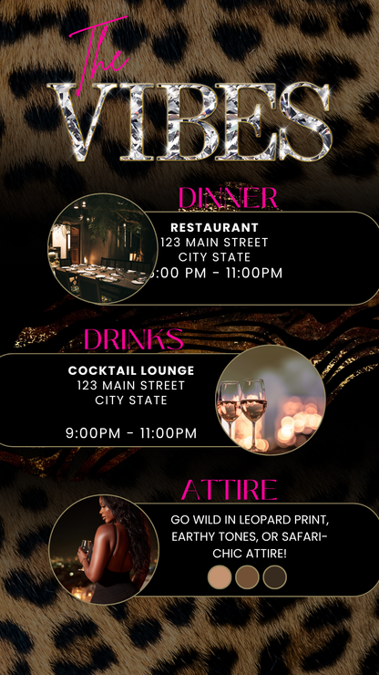 Lets Get Wild Leopard Print Birthday Dinner Video Invitation – Safari Glam Animated Evite Social Media Invite