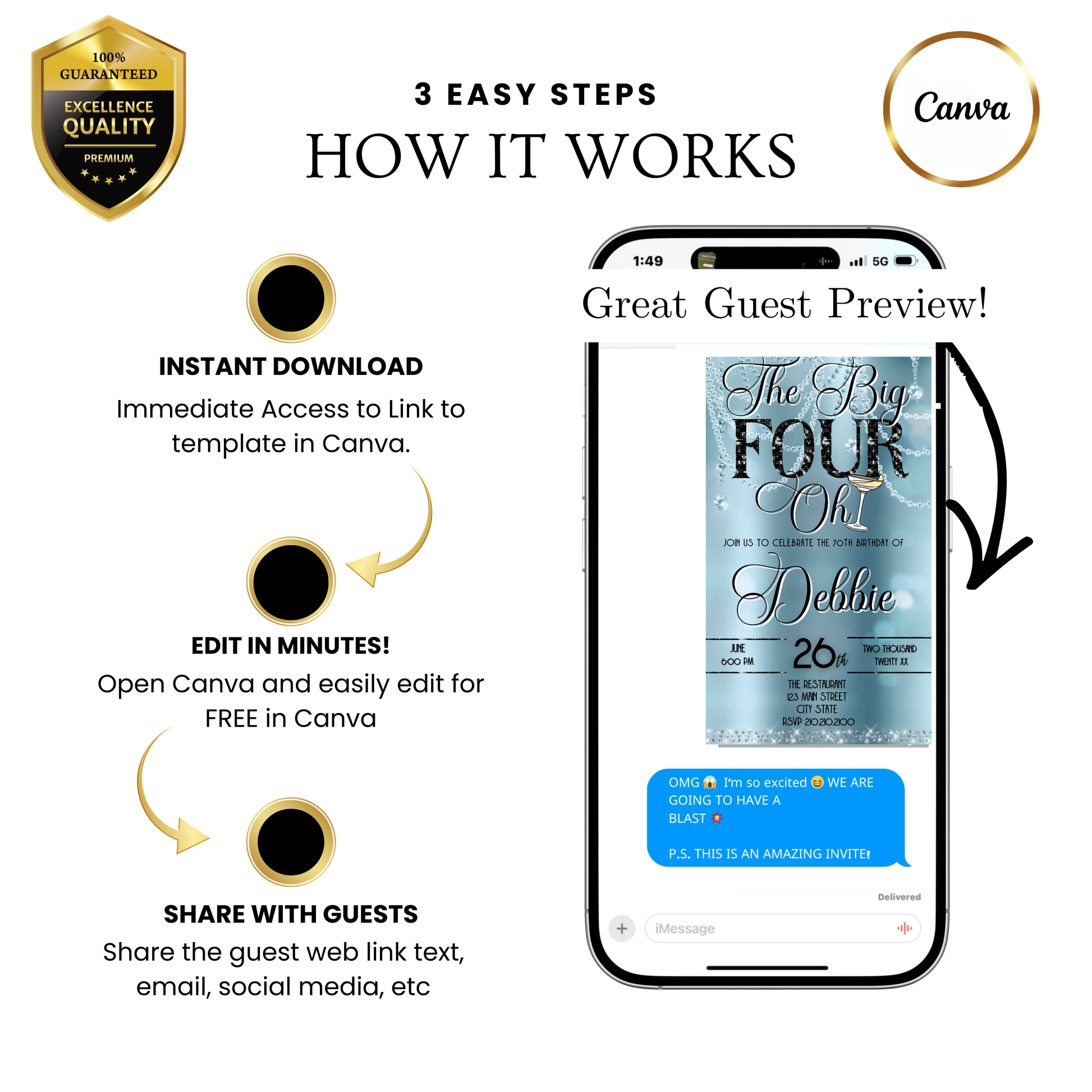 Editable baby blue champagne 40th birthday video invitation displayed on a mobile phone, featuring an animated vertical digital invite with music, created in Canva. This premium video invitation template is designed for sharing by text, email, and social media and works with an interactive RSVP website for easy guest response tracking.