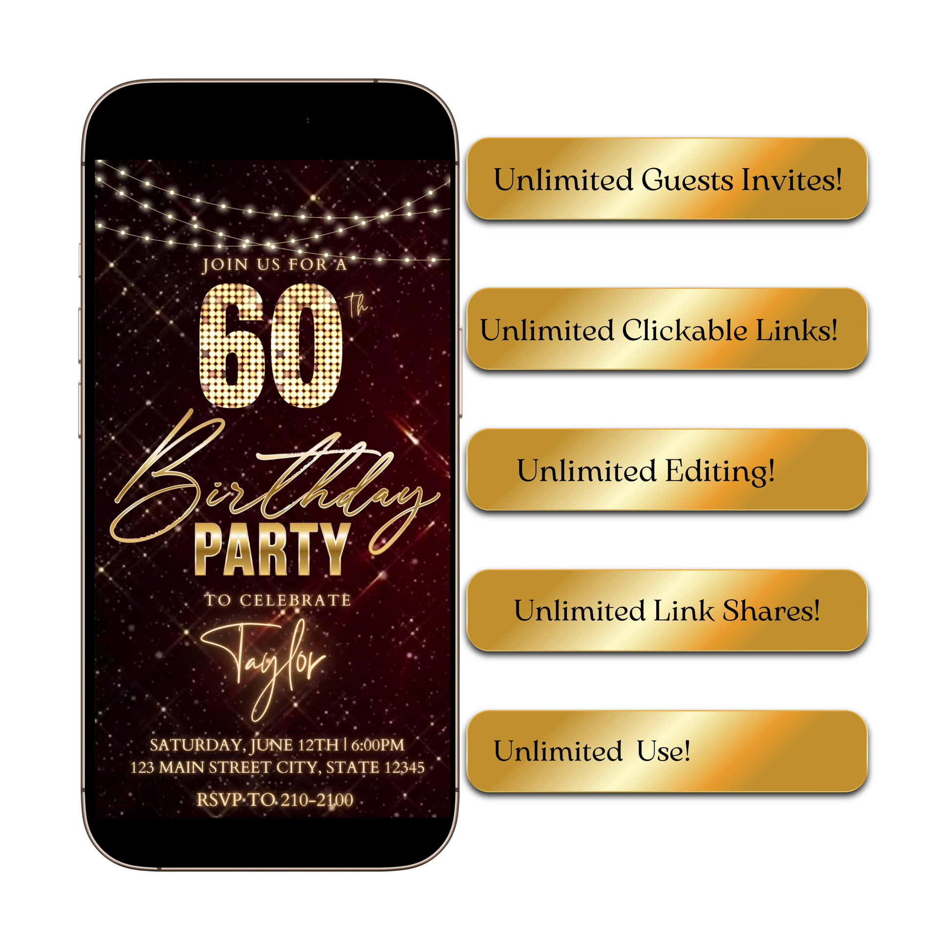 Editable maroon gold sparkle 60th birthday birthday video invitation displayed on a mobile phone, featuring an animated vertical digital invite with music, created in Canva. This premium video invitation template is designed for sharing by text, email, and social media and works with an interactive RSVP website for easy guest response tracking.