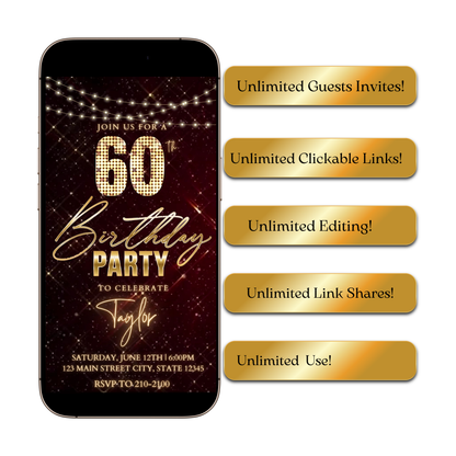 Editable maroon gold sparkle 60th birthday birthday video invitation displayed on a mobile phone, featuring an animated vertical digital invite with music, created in Canva. This premium video invitation template is designed for sharing by text, email, and social media and works with an interactive RSVP website for easy guest response tracking.