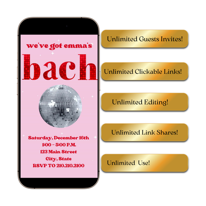 Editable disco bachelorette party party video invitation displayed on a mobile phone, featuring an animated vertical digital invite with music, created in Canva. This premium video invitation template is designed for sharing by text, email, and social media and works with an interactive RSVP website for easy guest response tracking.