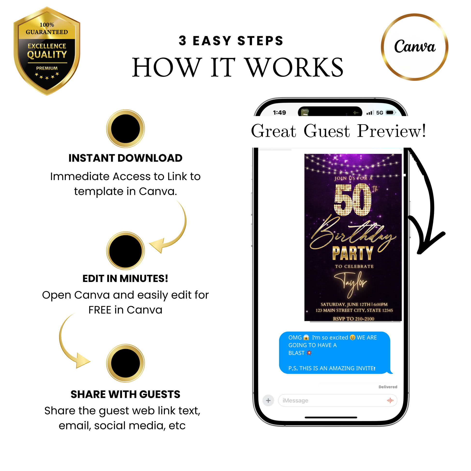Editable classic gold bokeh 50th birthday video invitation displayed on a mobile phone, featuring an animated vertical digital invite with music, created in Canva. This premium video invitation template is designed for sharing by text, email, and social media and works with an interactive RSVP website for easy guest response tracking.
