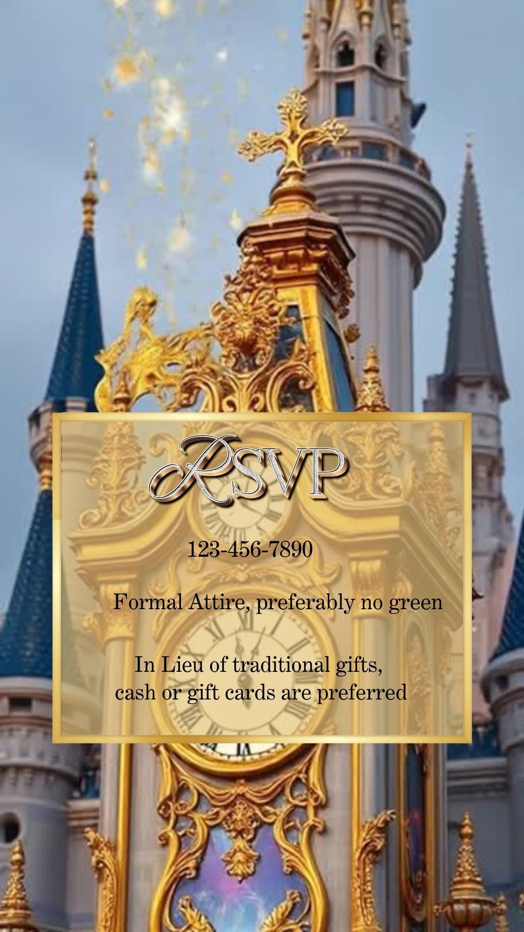 Editable cinderella fairytale quinceañera event video invitation displayed on a mobile phone, featuring an animated vertical digital invite with music, created in Canva. This premium video invitation template is designed for sharing by text, email, and social media and works with an interactive RSVP website for easy guest response tracking.