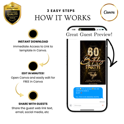 Editable gold glitter 60th birthday video invitation displayed on a mobile phone, featuring an animated vertical digital invite with music, created in Canva. This premium video invitation template is designed for sharing by text, email, and social media and works with an interactive RSVP website for easy guest response tracking.