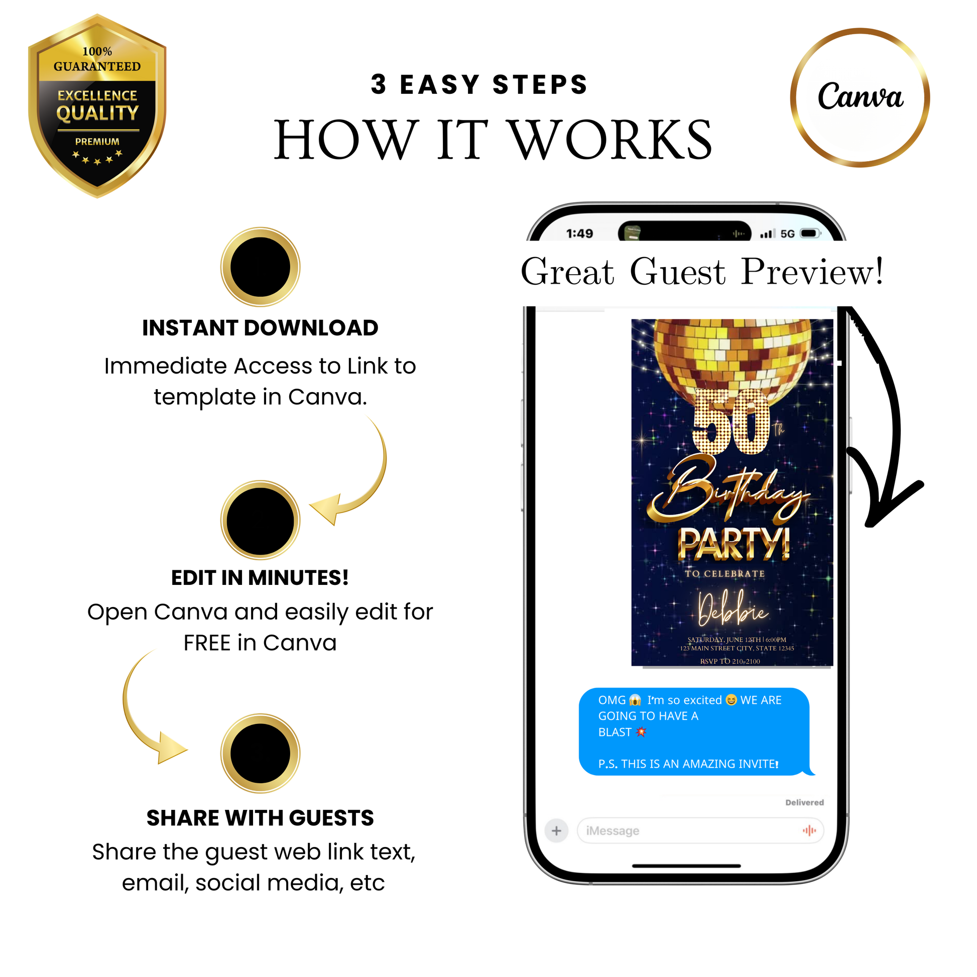 Editable gold bokeh luxury 50th birthday video invitation displayed on a mobile phone, featuring an animated vertical digital invite with music, created in Canva. This premium video invitation template is designed for sharing by text, email, and social media and works with an interactive RSVP website for easy guest response tracking.