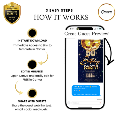 Editable gold bokeh luxury 50th birthday video invitation displayed on a mobile phone, featuring an animated vertical digital invite with music, created in Canva. This premium video invitation template is designed for sharing by text, email, and social media and works with an interactive RSVP website for easy guest response tracking.