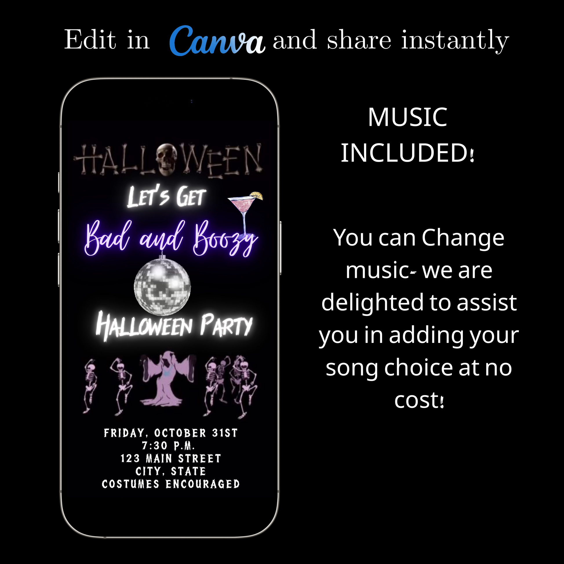 Editable neon boozy halloween party party video invitation displayed on a mobile phone, featuring an animated vertical digital invite with music, created in Canva. This premium video invitation template is designed for sharing by text, email, and social media and works with an interactive RSVP website for easy guest response tracking.