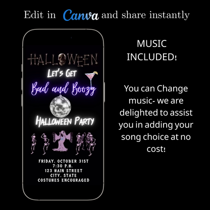 Editable neon boozy halloween party party video invitation displayed on a mobile phone, featuring an animated vertical digital invite with music, created in Canva. This premium video invitation template is designed for sharing by text, email, and social media and works with an interactive RSVP website for easy guest response tracking.