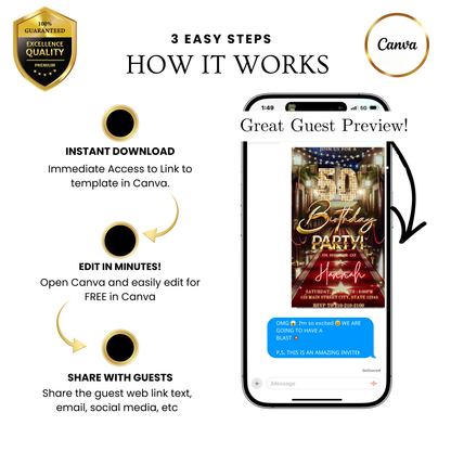 Editable hollywood red carpet 50th birthday video invitation displayed on a mobile phone, featuring an animated vertical digital invite with music, created in Canva. This premium video invitation template is designed for sharing by text, email, and social media and works with an interactive RSVP website for easy guest response tracking.
