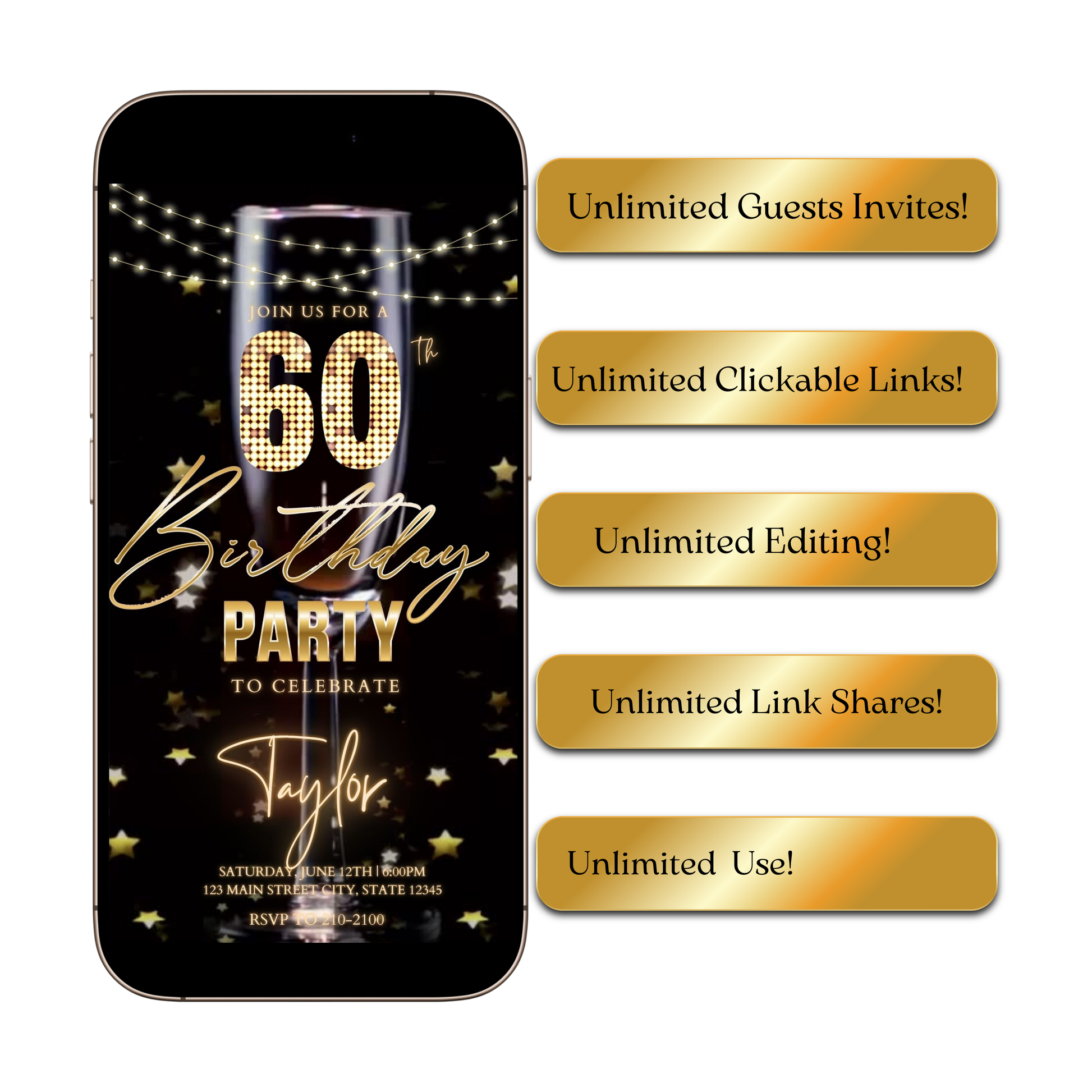 Editable champagne celebration 60th birthday birthday video invitation displayed on a mobile phone, featuring an animated vertical digital invite with music, created in Canva. This premium video invitation template is designed for sharing by text, email, and social media and works with an interactive RSVP website for easy guest response tracking.