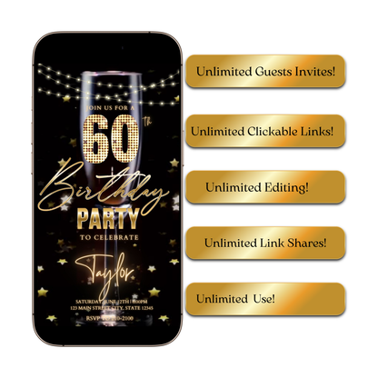 Editable champagne celebration 60th birthday birthday video invitation displayed on a mobile phone, featuring an animated vertical digital invite with music, created in Canva. This premium video invitation template is designed for sharing by text, email, and social media and works with an interactive RSVP website for easy guest response tracking.