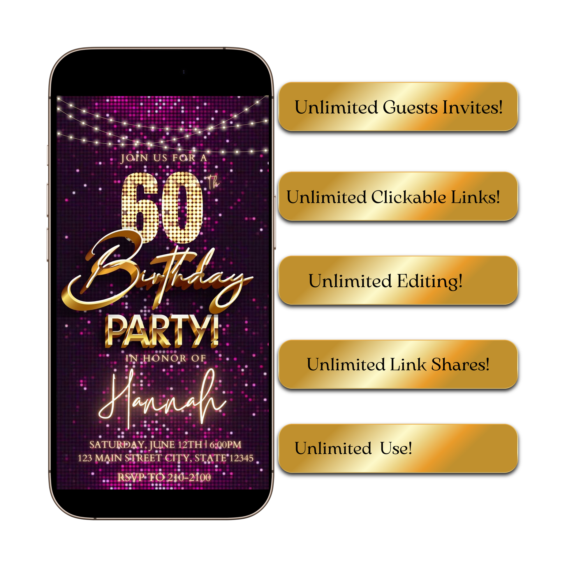 Editable violet sequin gold 60th birthday birthday video invitation displayed on a mobile phone, featuring an animated vertical digital invite with music, created in Canva. This premium video invitation template is designed for sharing by text, email, and social media and works with an interactive RSVP website for easy guest response tracking.