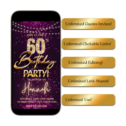 Editable violet sequin gold 60th birthday birthday video invitation displayed on a mobile phone, featuring an animated vertical digital invite with music, created in Canva. This premium video invitation template is designed for sharing by text, email, and social media and works with an interactive RSVP website for easy guest response tracking.