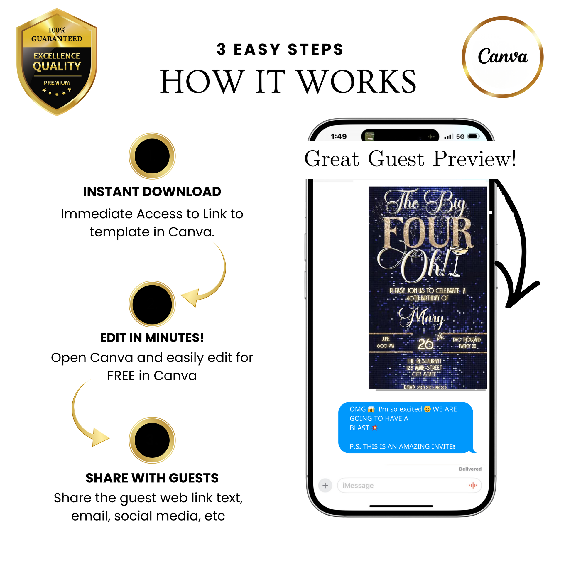 Editable blue gold 40th birthday video invitation displayed on a mobile phone, featuring an animated vertical digital invite with music, created in Canva. This premium video invitation template is designed for sharing by text, email, and social media and works with an interactive RSVP website for easy guest response tracking.