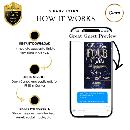 Editable blue gold 40th birthday video invitation displayed on a mobile phone, featuring an animated vertical digital invite with music, created in Canva. This premium video invitation template is designed for sharing by text, email, and social media and works with an interactive RSVP website for easy guest response tracking.