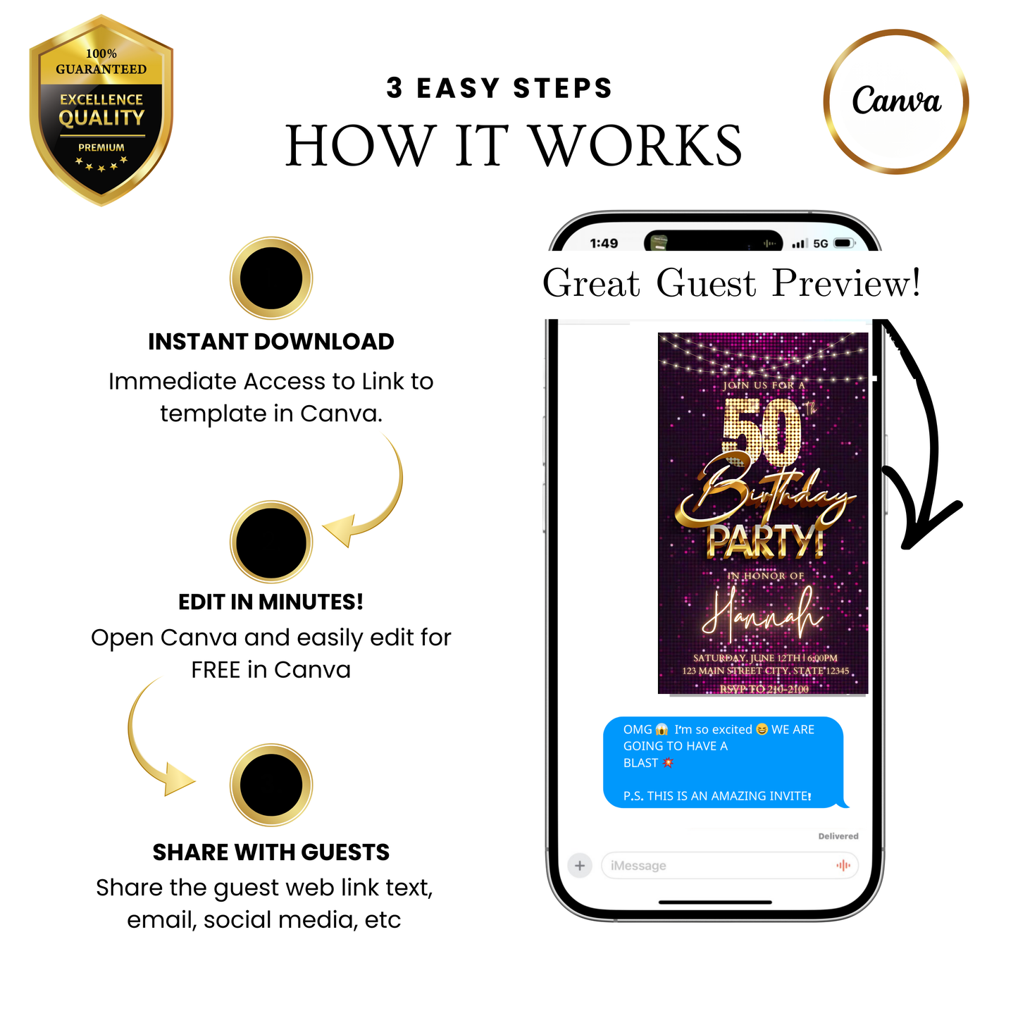 Editable pink gold sequin 50th birthday video invitation displayed on a mobile phone, featuring an animated vertical digital invite with music, created in Canva. This premium video invitation template is designed for sharing by text, email, and social media and works with an interactive RSVP website for easy guest response tracking.