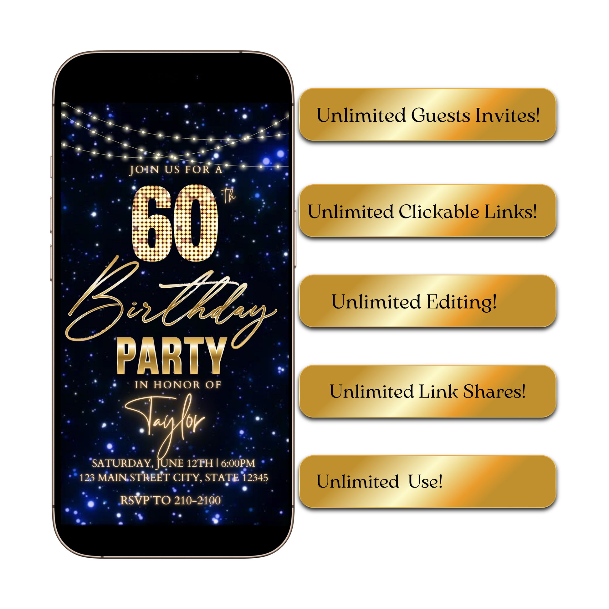 Editable navy gold starry 60th birthday birthday video invitation displayed on a mobile phone, featuring an animated vertical digital invite with music, created in Canva. This premium video invitation template is designed for sharing by text, email, and social media and works with an interactive RSVP website for easy guest response tracking.