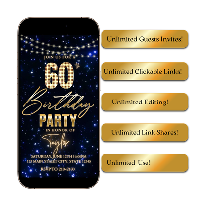 Editable navy gold starry 60th birthday birthday video invitation displayed on a mobile phone, featuring an animated vertical digital invite with music, created in Canva. This premium video invitation template is designed for sharing by text, email, and social media and works with an interactive RSVP website for easy guest response tracking.