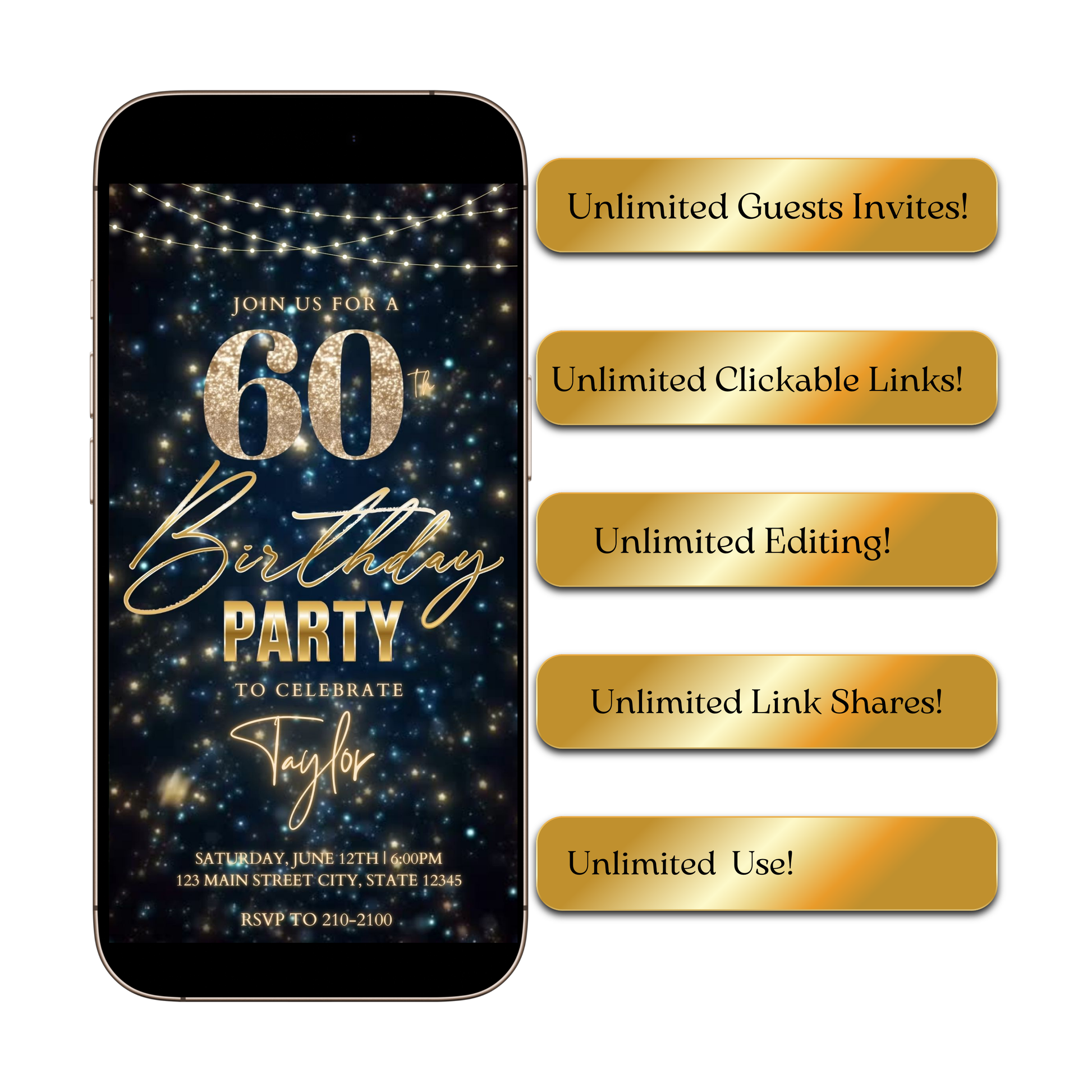 Editable teal gold sparkle 60th birthday birthday video invitation displayed on a mobile phone, featuring an animated vertical digital invite with music, created in Canva. This premium video invitation template is designed for sharing by text, email, and social media and works with an interactive RSVP website for easy guest response tracking.