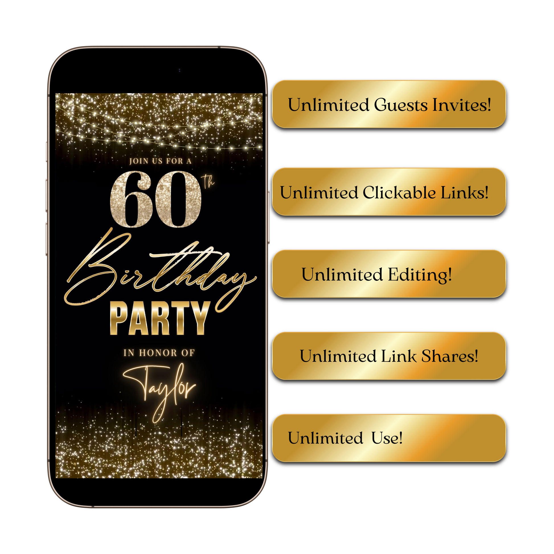 Editable gold sparkle 60th birthday birthday video invitation displayed on a mobile phone, featuring an animated vertical digital invite with music, created in Canva. This premium video invitation template is designed for sharing by text, email, and social media and works with an interactive RSVP website for easy guest response tracking.