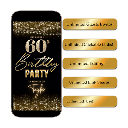 Editable gold sparkle 60th birthday birthday video invitation displayed on a mobile phone, featuring an animated vertical digital invite with music, created in Canva. This premium video invitation template is designed for sharing by text, email, and social media and works with an interactive RSVP website for easy guest response tracking.