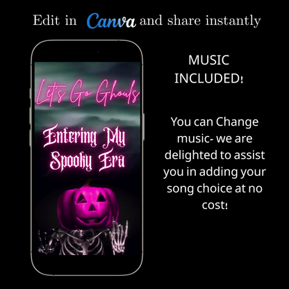 Editable pink spooky halloween party party video invitation displayed on a mobile phone, featuring an animated vertical digital invite with music, created in Canva. This premium video invitation template is designed for sharing by text, email, and social media and works with an interactive RSVP website for easy guest response tracking.