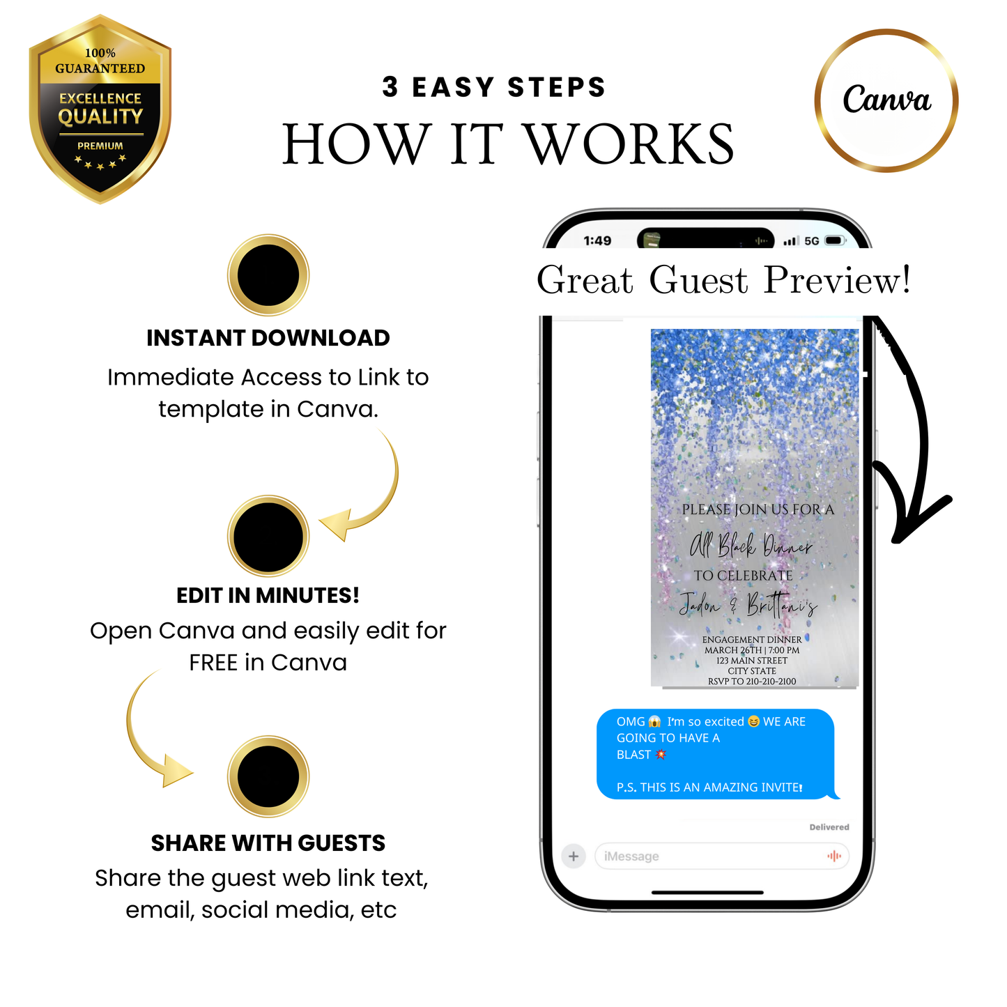 Editable blue and gray watercolor glitter engagement dinner video invitation displayed on a mobile phone, featuring an animated vertical digital invite with music, created in Canva. This premium video invitation template is designed for sharing by text, email, and social media and works with an interactive RSVP website for easy guest response tracking.