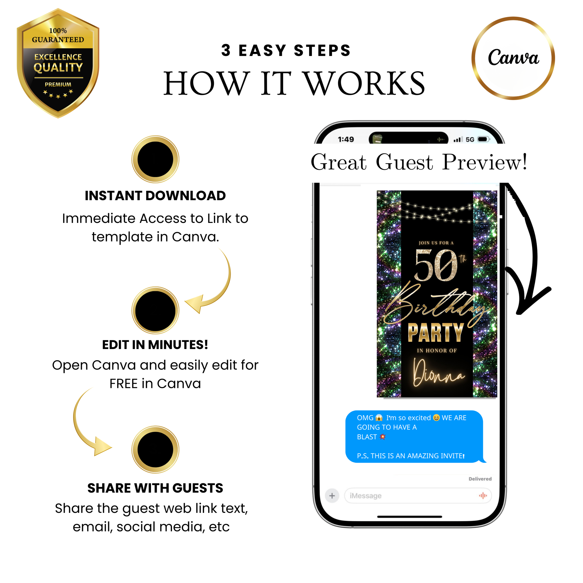 Editable nardo gras glitter 50th birthday video invitation displayed on a mobile phone, featuring an animated vertical digital invite with music, created in Canva. This premium video invitation template is designed for sharing by text, email, and social media and works with an interactive RSVP website for easy guest response tracking.