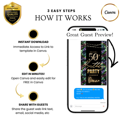Editable nardo gras glitter 50th birthday video invitation displayed on a mobile phone, featuring an animated vertical digital invite with music, created in Canva. This premium video invitation template is designed for sharing by text, email, and social media and works with an interactive RSVP website for easy guest response tracking.