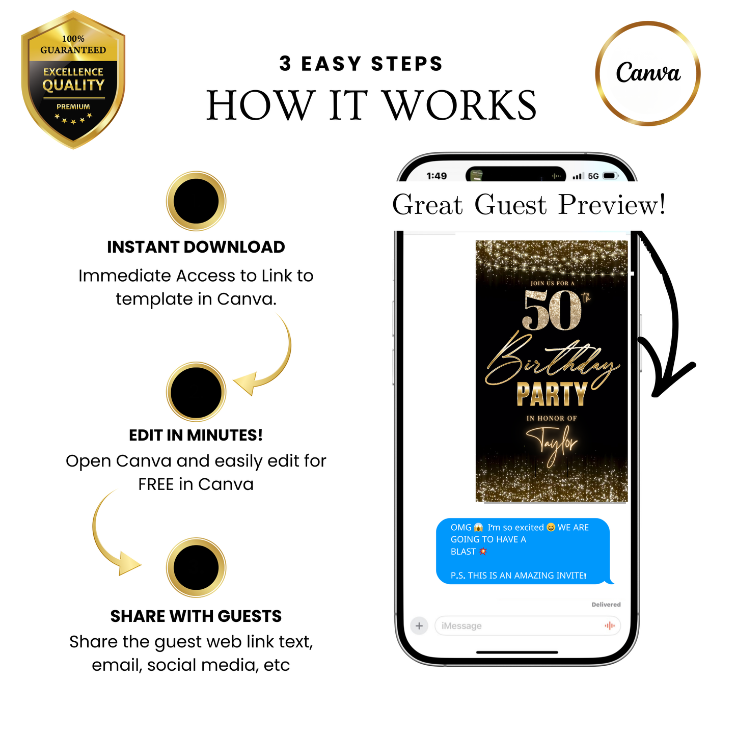 Editable black gold string lights 50th birthday video invitation displayed on a mobile phone, featuring an animated vertical digital invite with music, created in Canva. This premium video invitation template is designed for sharing by text, email, and social media and works with an interactive RSVP website for easy guest response tracking.