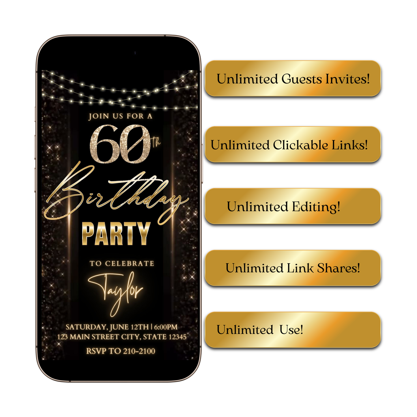 Editable black gold sparkle 60th birthday birthday video invitation displayed on a mobile phone, featuring an animated vertical digital invite with music, created in Canva. This premium video invitation template is designed for sharing by text, email, and social media and works with an interactive RSVP website for easy guest response tracking.