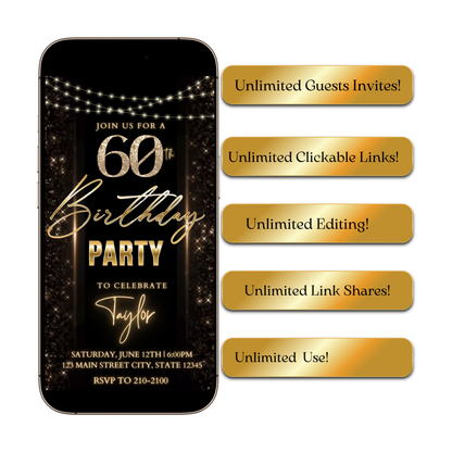 Editable black gold sparkle 60th birthday birthday video invitation displayed on a mobile phone, featuring an animated vertical digital invite with music, created in Canva. This premium video invitation template is designed for sharing by text, email, and social media and works with an interactive RSVP website for easy guest response tracking.