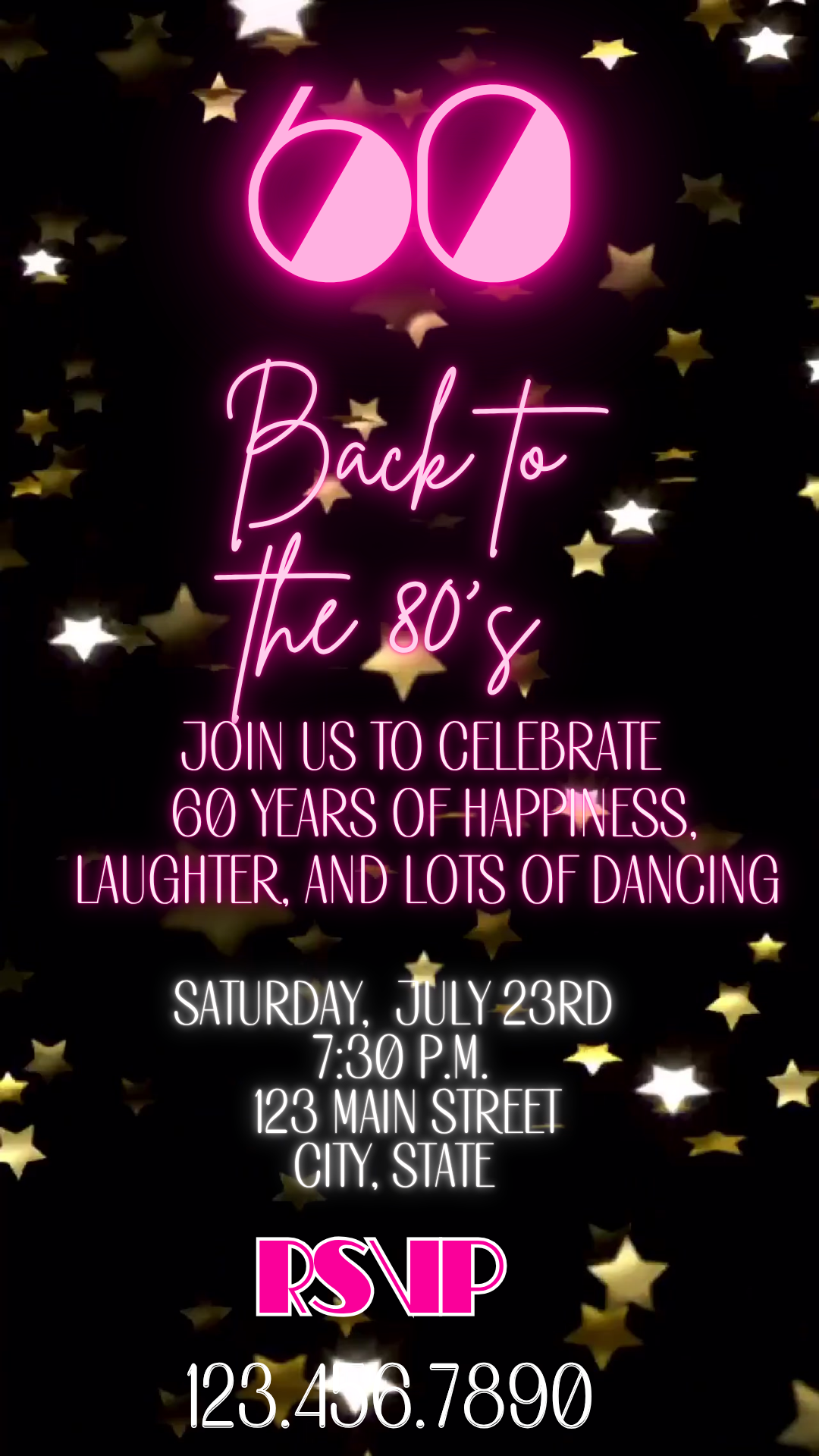 Flashback 80s Neon Birthday Video Invite – 60 Years of Fun Celebration Canva Editable