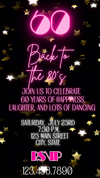 Flashback 80s Neon Birthday Video Invite – 60 Years of Fun Celebration Canva Editable