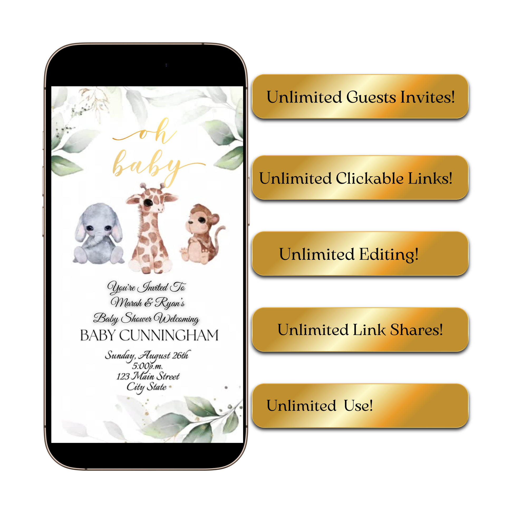 Editable safari baby shower baby shower video invitation displayed on a mobile phone, featuring an animated vertical digital invite with music, created in Canva. This premium video invitation template is designed for sharing by text, email, and social media and works with an interactive RSVP website for easy guest response tracking.