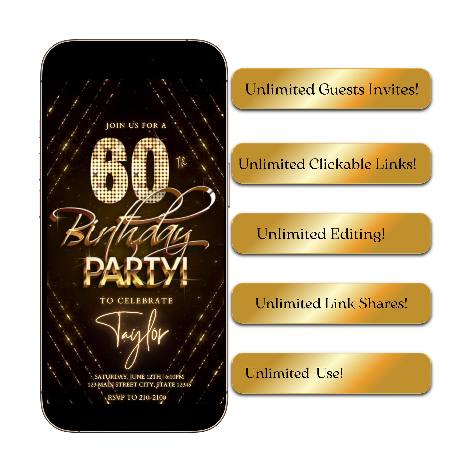 Editable gold glitter 60th birthday birthday video invitation displayed on a mobile phone, featuring an animated vertical digital invite with music, created in Canva. This premium video invitation template is designed for sharing by text, email, and social media and works with an interactive RSVP website for easy guest response tracking.