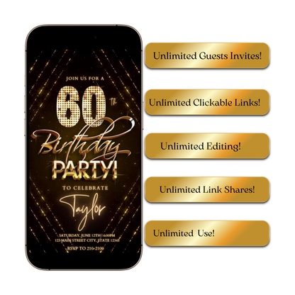 Editable gold glitter 60th birthday birthday video invitation displayed on a mobile phone, featuring an animated vertical digital invite with music, created in Canva. This premium video invitation template is designed for sharing by text, email, and social media and works with an interactive RSVP website for easy guest response tracking.