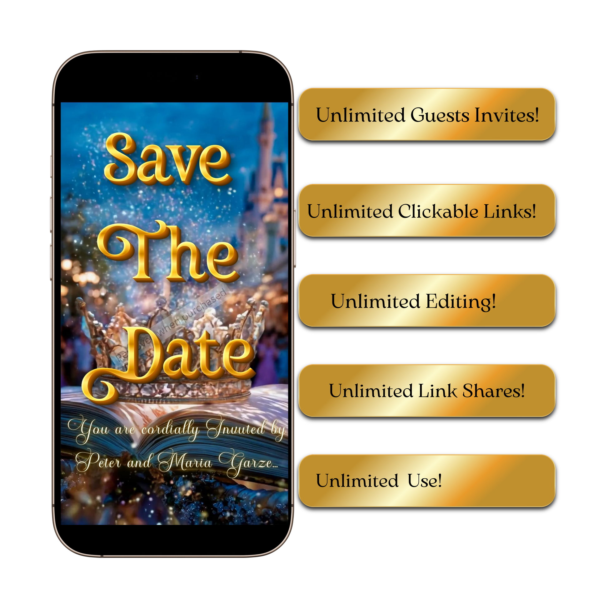 Editable beauty and the beast fairytale quinceañera event video invitation displayed on a mobile phone, featuring an animated vertical digital invite with music, created in Canva. This premium video invitation template is designed for sharing by text, email, and social media and works with an interactive RSVP website for easy guest response tracking.