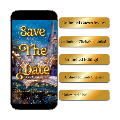 Editable beauty and the beast fairytale quinceañera event video invitation displayed on a mobile phone, featuring an animated vertical digital invite with music, created in Canva. This premium video invitation template is designed for sharing by text, email, and social media and works with an interactive RSVP website for easy guest response tracking.
