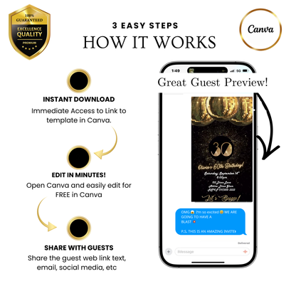 Editable gold disco ball 30th birthday video invitation displayed on a mobile phone, featuring an animated vertical digital invite with music, created in Canva. This premium video invitation template is designed for sharing by text, email, and social media and works with an interactive RSVP website for easy guest response tracking.