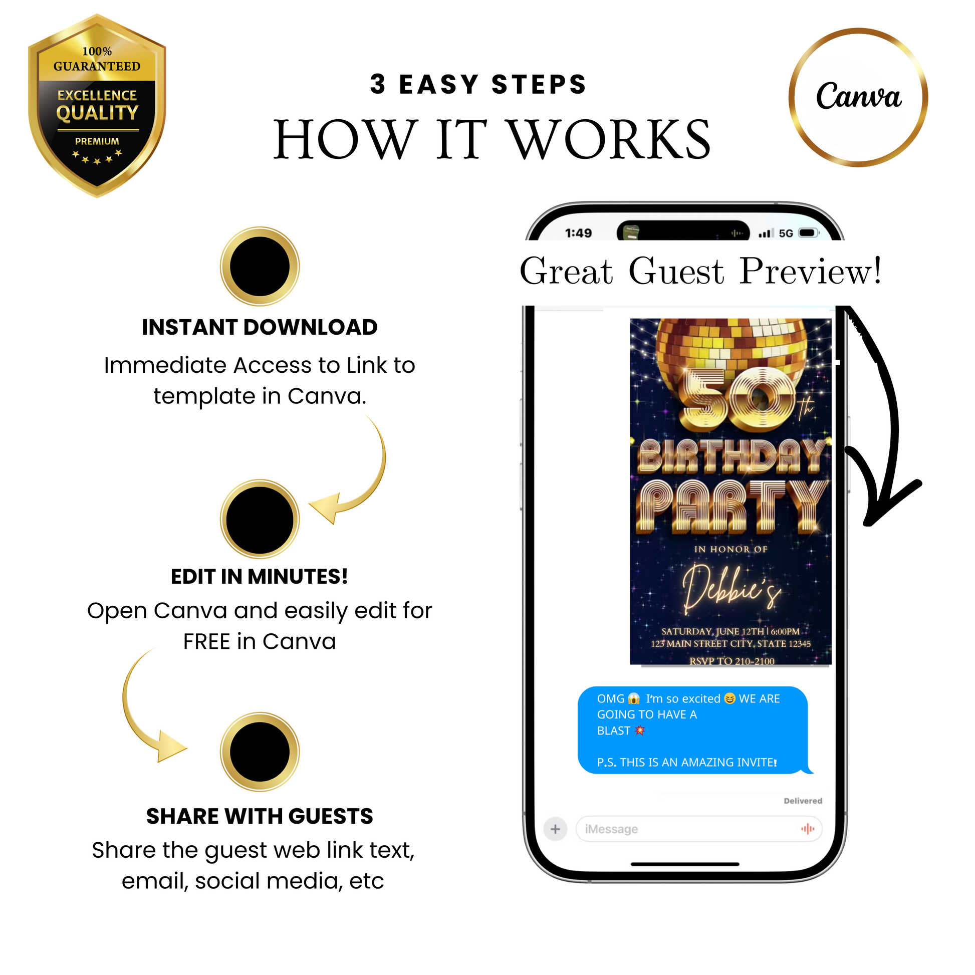 Editable blue gold disco 50th birthday party video invitation displayed on a mobile phone, featuring an animated vertical digital invite with music, created in Canva. This premium video invitation template is designed for sharing by text, email, and social media and works with an interactive RSVP website for easy guest response tracking.